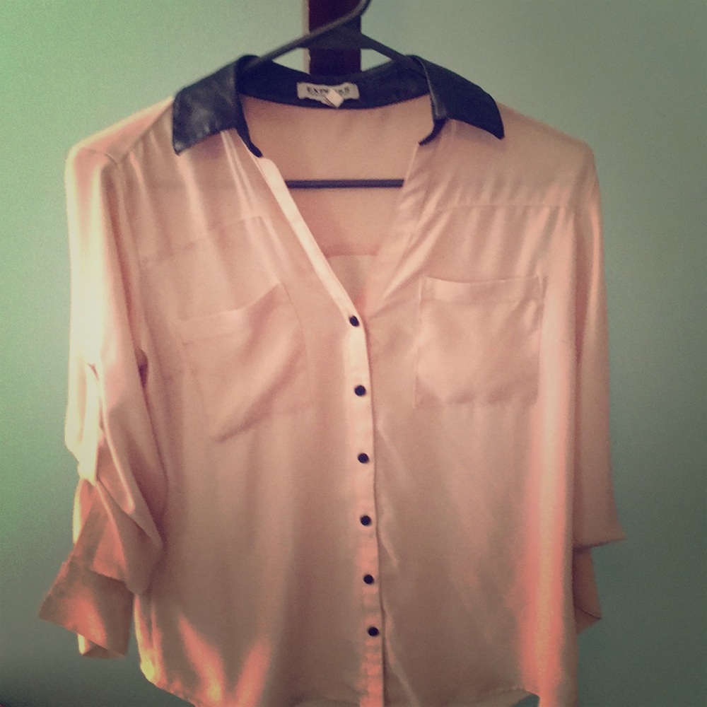 Tan sheer blouse with black collar